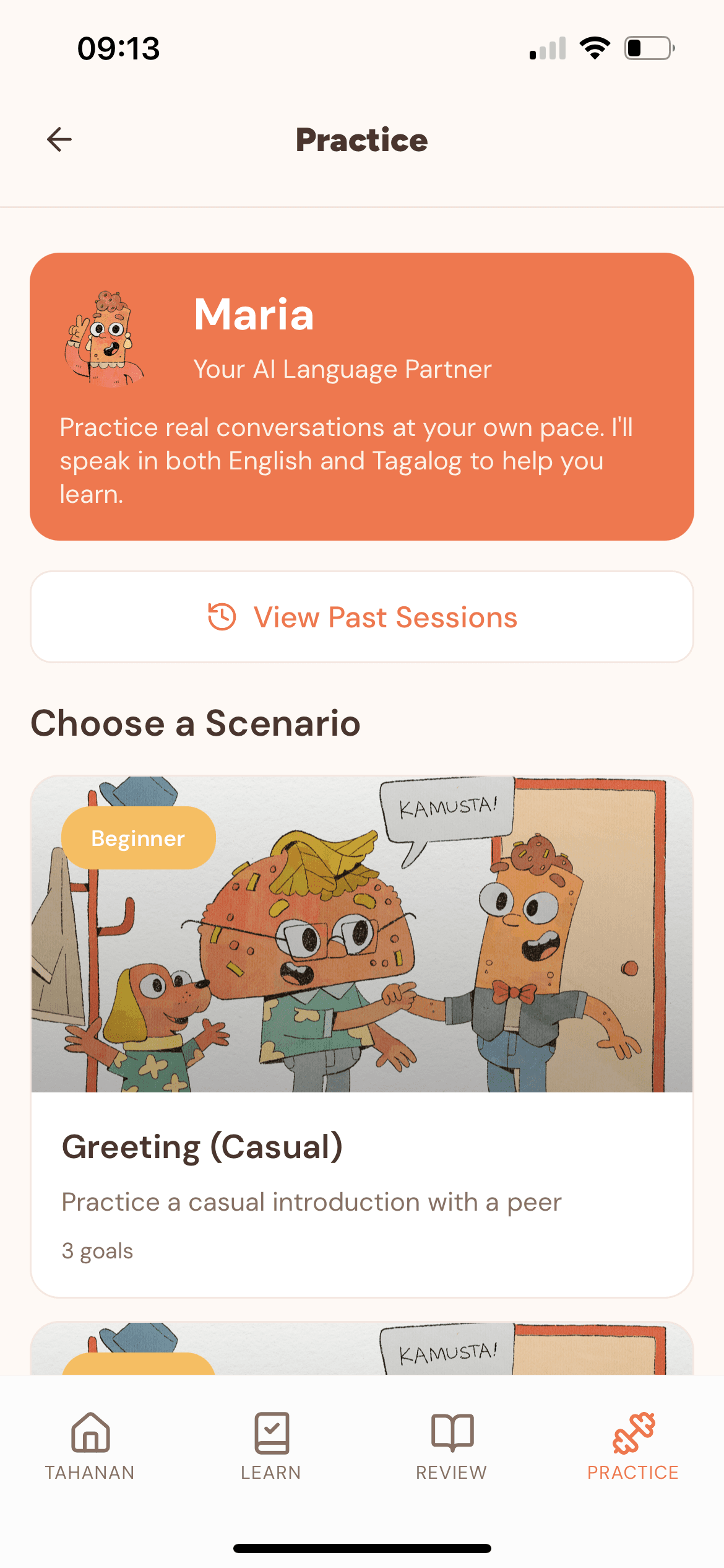 Tahanan AI conversation scenario selection screen