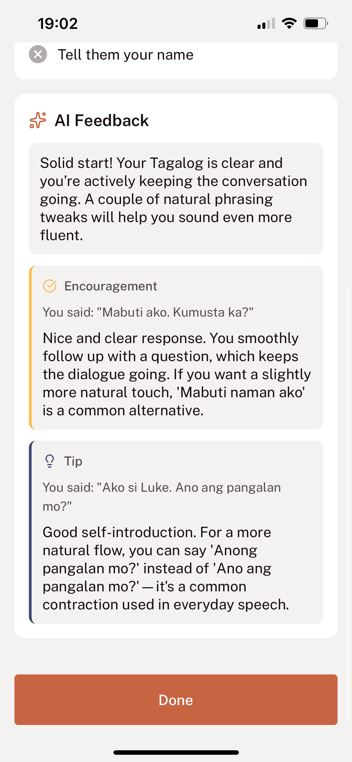Tahanan AI speaking feedback screen