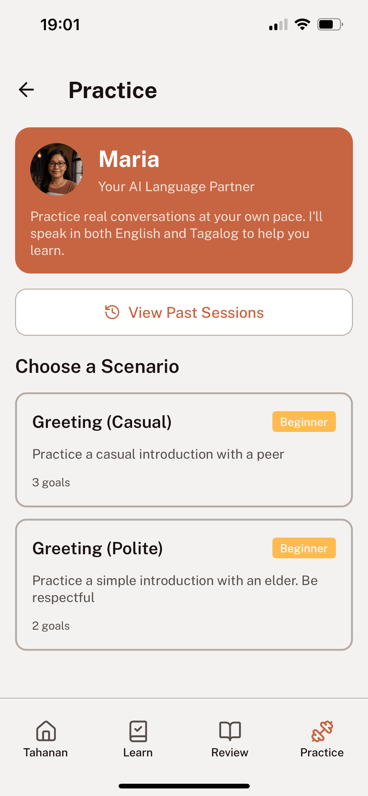 Tahanan AI language partner screen