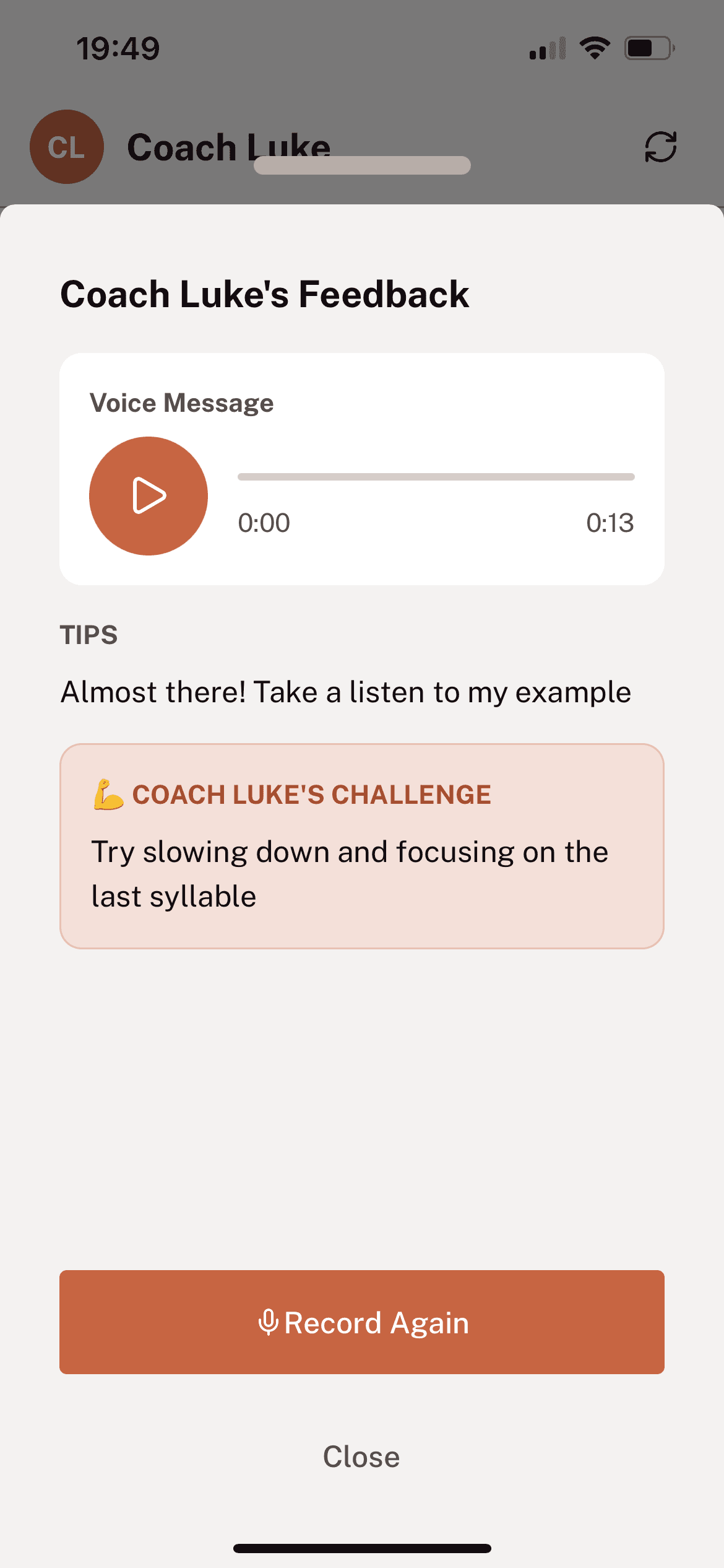 Tahanan coach feedback screen