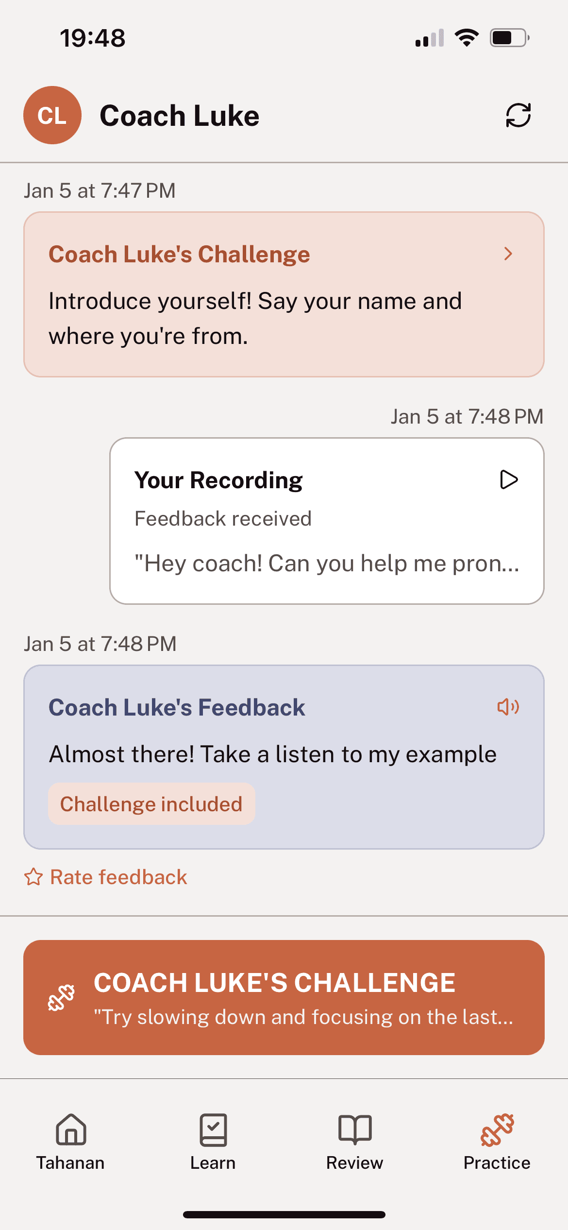 Tahanan coach challenge screen