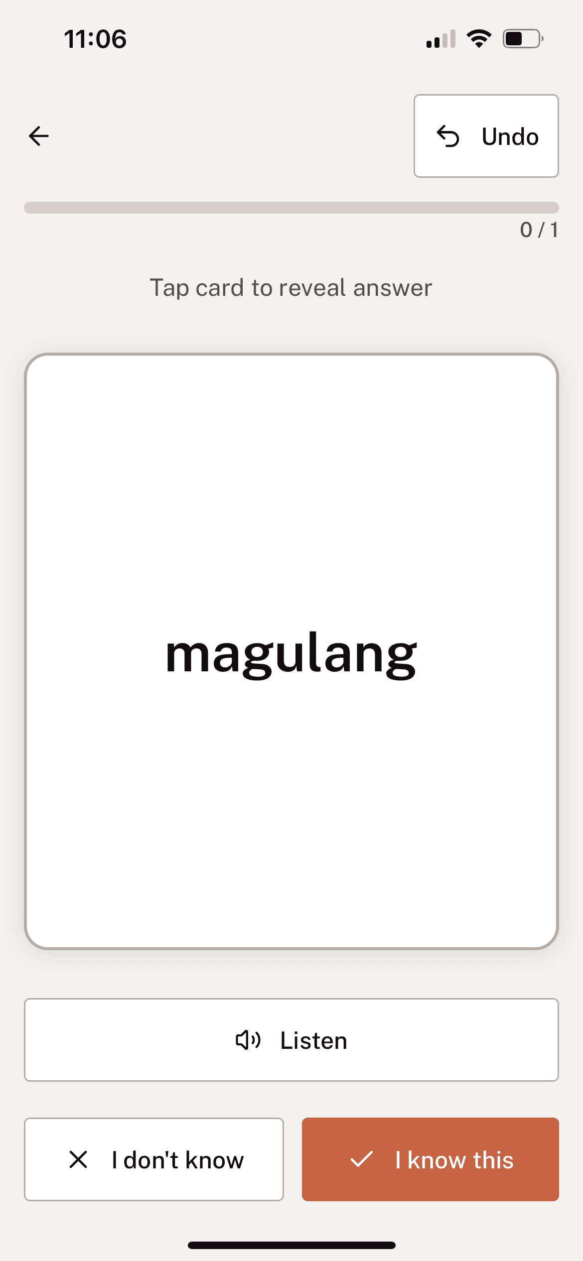 Tahanan flashcard review screen