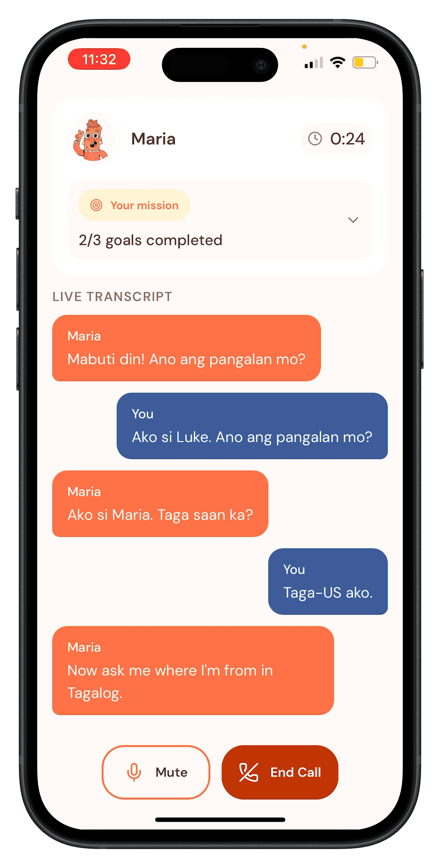 Tahanan AI call practice screen in iPhone frame