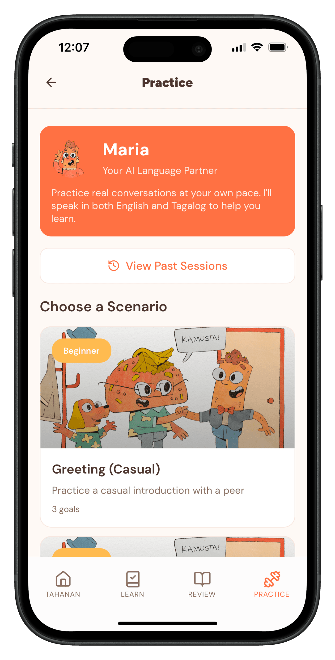 Tahanan practice screen in iPhone frame