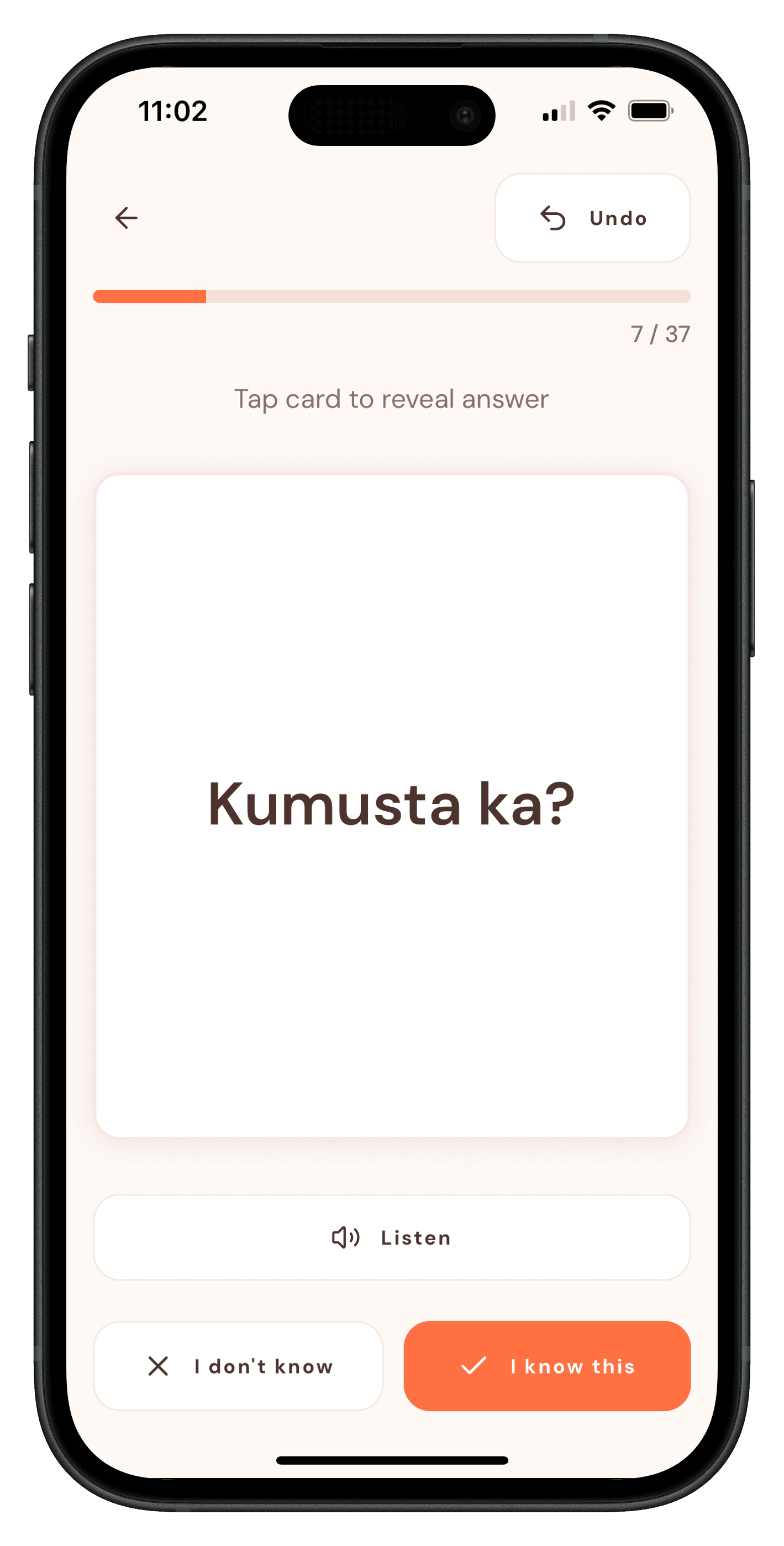 Tahanan flashcards screen in iPhone frame